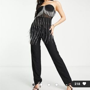 Lace & Beads exclusive dripping crystal sheer corset catsuit in black